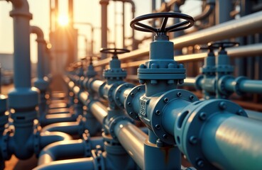 Close-up view of industrial pipeline system. Metal pipes, valves connected in network. Scene takes place at gas plant facility. Lighting suggests daytime early evening, pipes, valves. System crucial