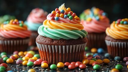 Colorful rainbow icing cupcake CBD infused candies cannabis leaves dark backdrop Showcasing indulgent treats alternative wellness options a lively and creative design perfect for wellness branding