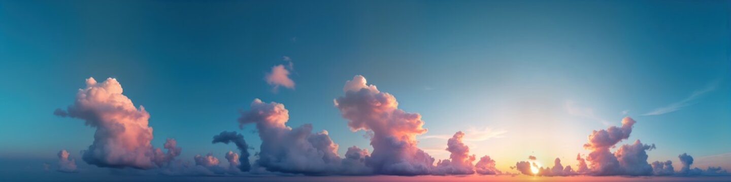 Stunning sunset panorama shows dramatic pink cumulus clouds against dark blue sky. Colorful cloudscape perfect for 3D visualizations aerial drone shots. Scenic view of twilight dusk. Beautiful sky