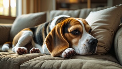 Obraz premium Beagle dog resting on a cozy couch in warm indoor lighting.