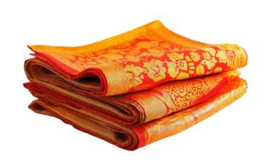 A Beautifully Folded Cloth Showcasing Rich Cultural and Traditional Designs Isolated on Transparent Background.