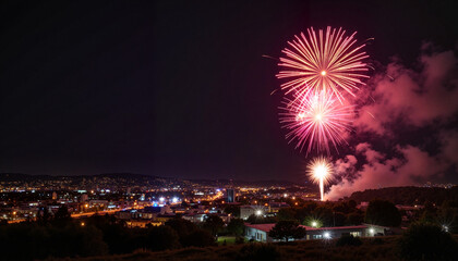 Community fireworks lighting up small town at night, Independence Day celebration