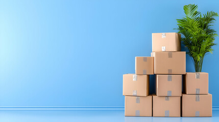 Cardboard boxes stacked against a blue wall, plant beside.  Moving, storage, shipping concept