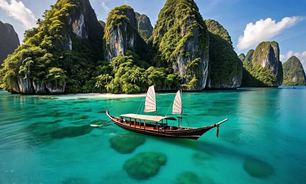 Traditional Wooden Boat with White Sails on Turquoise Water in Tropical Paradis