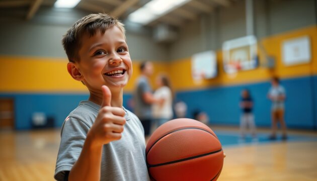Young boy smiles broadly and gives thumbs-up. He holds basketball in vibrant gym. He looks happy and engaged in sports activity. Positive atmosphere. Lively gym scene. Joyful youth. Active lifestyle.