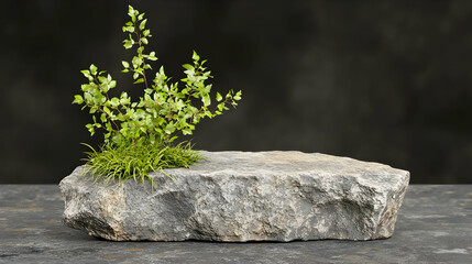 Small plant on rock, dark background, nature scene, zen garden