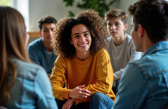 Teenage boy comforts female friend in support group circle. Diverse teenagers sit together. Group therapy session. Friends communicate, share feelings indoors. Positive atmosphere fostering