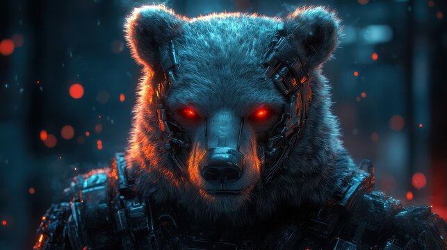 Cybernetic Bear with Glowing Red Eyes in Futuristic Setting