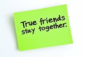 A green sticky note with the quote "True friends stay together." isolated on the white background