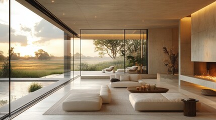 Modern living area with glass walls and serene countryside view under cloudy sky