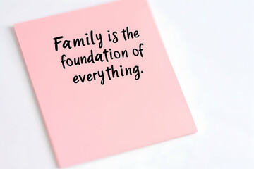A light pink sticky note with the quote "Family is the foundation of everything." isolated on the white background