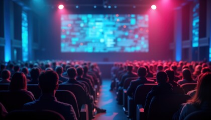 Large crowd attends tech cybersecurity workshop. Attendees focused on screen. Event held in large hall. Visuals on screen related to cyber awareness. Modern tech event. People listen. Professionals