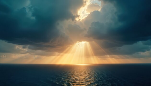 Sunbeams pierce dark storm clouds above ocean. Dramatic sky with hopefulness after storm. Vast expanse of ocean. Beautiful natural scene. Nature power. Inspiring weather. Amazing energy. Natural
