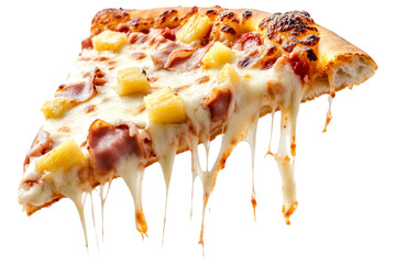 Hawaiian Pizza Slice isolated. A cheesy slice of Hawaiian pizza topped with ham and pineapple, featuring melted mozzarella and a crispy crust. AI generated..