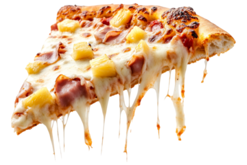 Hawaiian Pizza Slice isolated. A cheesy slice of Hawaiian pizza topped with ham and pineapple, featuring melted mozzarella and a crispy crust. AI generated..