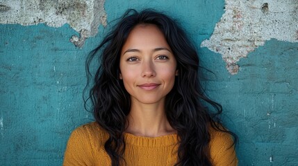 Portrait of a Young Woman with Long Hair Against a Textured Wall