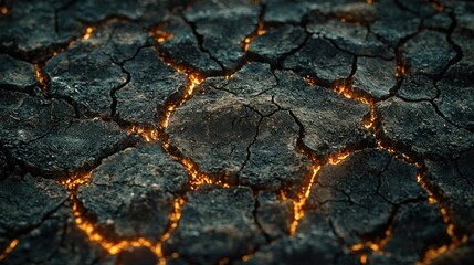 Cracked earth with glowing lava crevices, desert background, apocalyptic scene