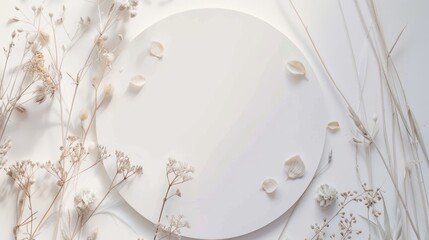 Minimalist white circle frame with dried autumn botanical elements on bright background. Boho style mockup with free place