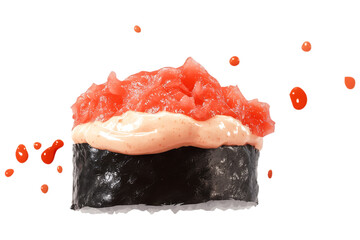 Spicy Tuna Gunkan Sushi isolated. A flavorful gunkan-maki sushi topped with spicy tuna and creamy sauce, wrapped in seaweed with sushi rice, showcasing Japanese cuisine. AI generated.  .