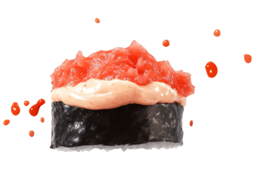 Spicy Tuna Gunkan Sushi isolated. A flavorful gunkan-maki sushi topped with spicy tuna and creamy sauce, wrapped in seaweed with sushi rice, showcasing Japanese cuisine. AI generated.  .