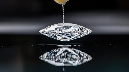 Close-up of water droplet splashing on reflective crystal surface