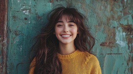 Fototapeta premium Cheerful Young Woman Smiling Against Weathered Green Background