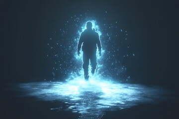 Obraz premium Futuristic glowing wireframe of a biohacker analyzing data