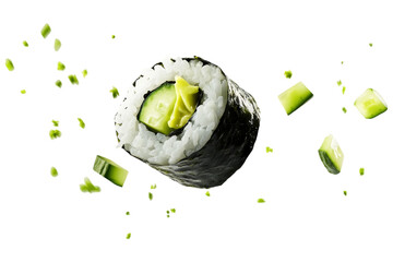 A fresh cucumber and avocado sushi roll wrapped in nori, with floating green vegetable pieces, isolated on a black background.  .