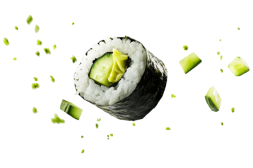 A fresh cucumber and avocado sushi roll wrapped in nori, with floating green vegetable pieces, isolated on a black background.  .