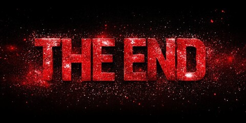 A glowing 3D "The End" sign with a futuristic neon red glow, set against a dark, textured background. Ideal for movie credits, presentations, or advertising.