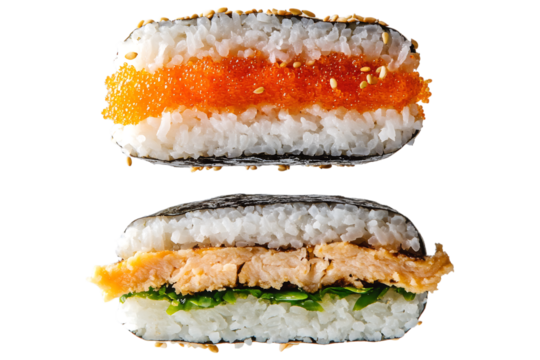 Tobiko and Salmon Onigirazu isolated. A sushi sandwich filled with tobiko, sesame seeds, grilled salmon, and fresh greens, wrapped in nori for a modern Japanese fusion dish. AI generated.  .