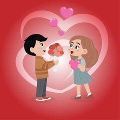 Boy and Girl sweet love valentine wedding cartoon cute illustration red heart background design