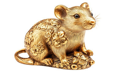 Gold Chinese Zodiac Rat Figurine Representing Cleverness and Prosperity Isolated on Transparent Background.