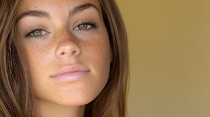 Fototapeta premium Young caucasian female with freckles and long brown hair
