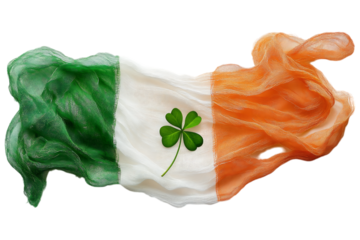 Irish flag made of flowing fabric with a green shamrock placed on top, symbolizing luck and heritage. Isolated. AI generated.  .