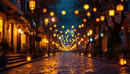 Enchanted Night Street: A mesmerizing view of a cobblestone street illuminated by hanging lanterns, creating a magical and serene atmosphere.