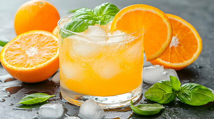 Refreshing orange drink with basil, ice, and oranges