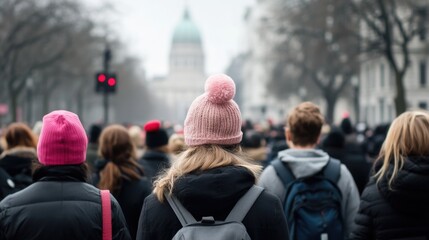 Crowd of young adults in winter clothing walking in urban street
