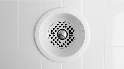 Captivating glossy white ceramic surface with polished metal drain viewed from above