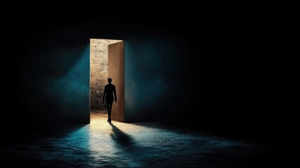 Silhouette of person walking through doorway into light from darkness