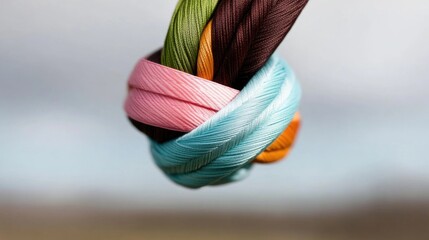 Colorful yarn knot: pink, blue, green, orange, brown strands in close-up