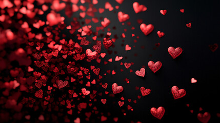 Red flat hearts of different sizes falling on a black background