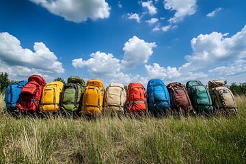 Obraz premium A sunny summer day showcases a wide-angle view filled with a colorful assortment of luggage, with each piece highlighting the distinct characteristics of its owner.