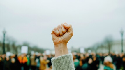 Raised fist in protest rally symbolizing unity and resistance