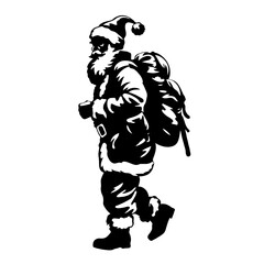 Fototapeta premium Santa Claus silhouette in a walking pose carrying a sack, depicted in a black-and-white graphic style on a white background, concept of Christmas