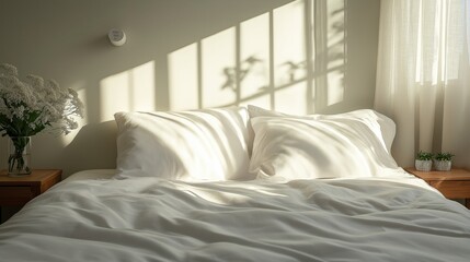 Fototapeta premium Cozy bedroom setting casting shadows on a neatly made bed and fresh flowers