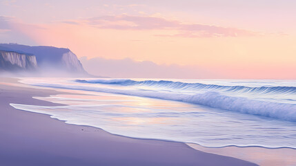 Serene twilight seascape with soft waves gently washing ashore a sandy beach, under a pastel sky. Twilight Cliff. Illustration