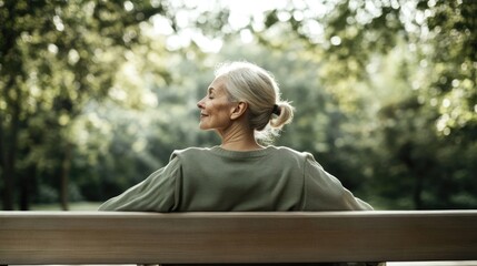 Fototapeta premium Elderly caucasian female relaxing outdoors on bench in serene park setting