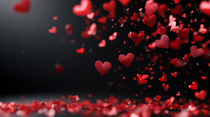 Red flat hearts of different sizes falling on a black background