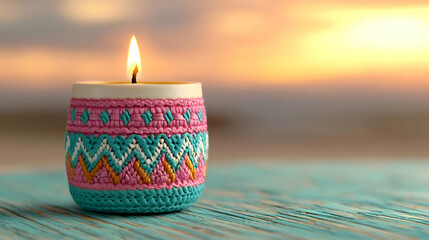 Sunset beach candle, knitted holder, peaceful scene, relaxation, meditation